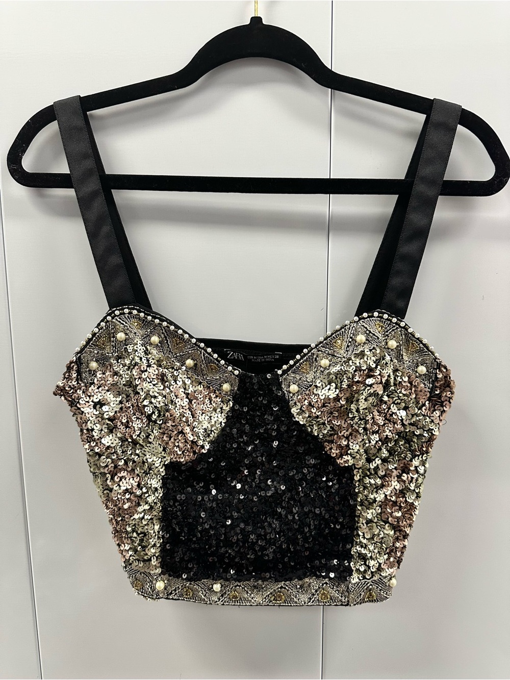 ZARA Sequin Beaded Embellished Bustier Crop Top Gold Black Size Medium
